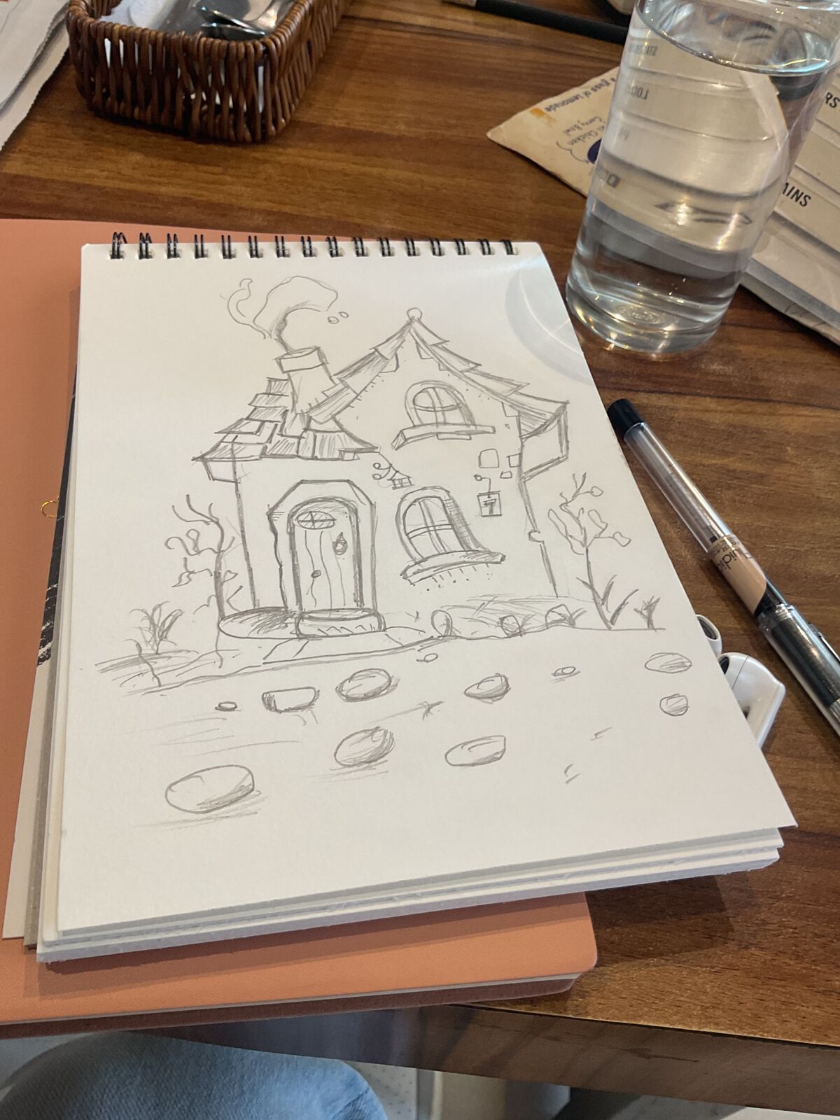 Pencil sketch of a crooked cottage